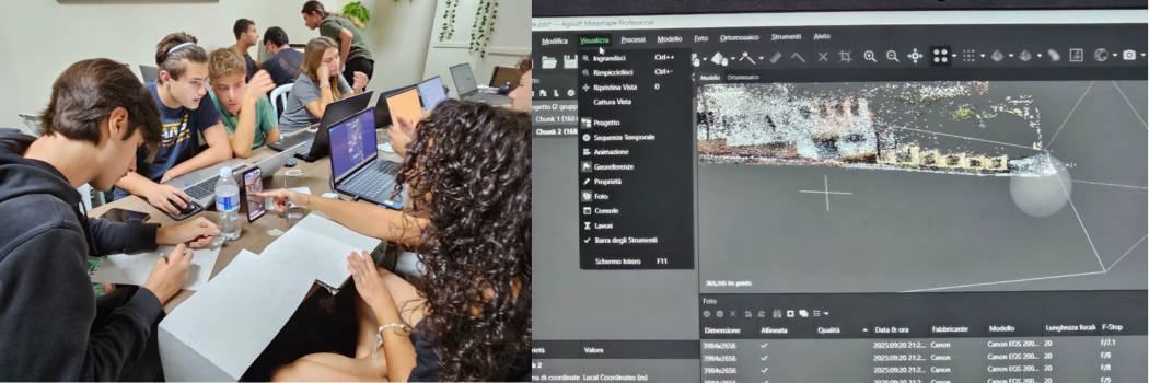 Equipe multidisciplinar analisa dados captados por fotogrametria e escaneamento 3D. À direita, visualização das nuvens de pontos obtidas no levantamento urbano.