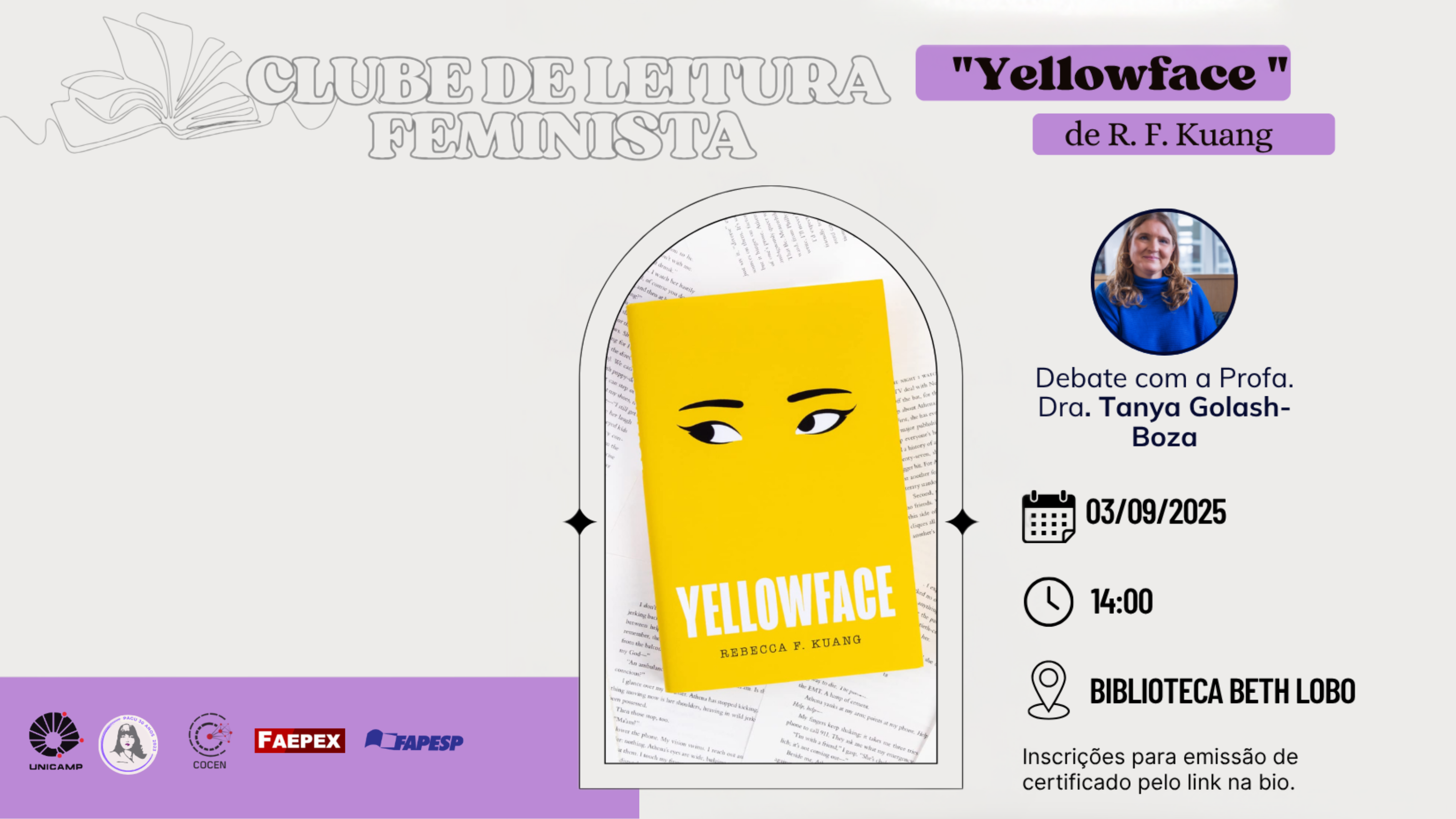 Cartaz do encontro do Clube de Leitura Feminista, que desta vez terá como obra em debate o livro Yellowface, da escritora R. F. Kuang